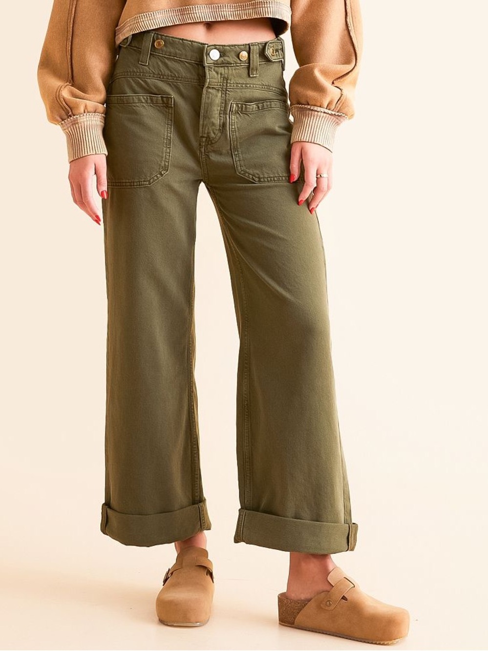 Free People Olive Green Wide Leg Flare Jeans
